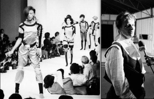 F83oct-WEa31JD,VW-dj Paris, Oct 17, 1983: Jeffrey Daniel leads models in a sporty Worlds End collection. Minutes afterwards Vivienne Westwood keeps her cool with the press. Pictures © by Shapersofthe80s