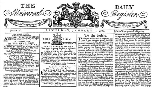 TimesNo1-1785 Universal Daily Register, 1785, newspapers, The Times