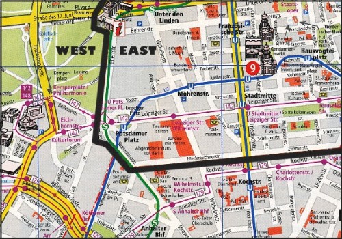 Divided Berlin: the wall shown in black places the U-Bahn station (blue) at Potsdamer Platz inside the Soviet sector, along with the S-Bahn station (green)