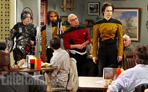 Big Bang characters decoded L-R: Howard is dressed as an evil member of the Borg, Raj as the Klingon security chief Lt Worf, Leonard as the intrepid Capt Jean-Luc Picard, and Sheldon as the android Lt. Commander Data. (© Monty Brinton/CBS © 2012 CBS Broadcasting, Inc)