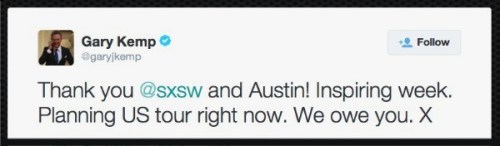 Spandau Ballet, SXSW, tour news, UK, US, pop music, Twitter