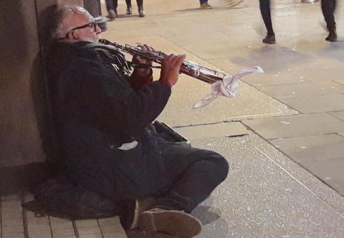 Busker, jazz, saxophone, high street