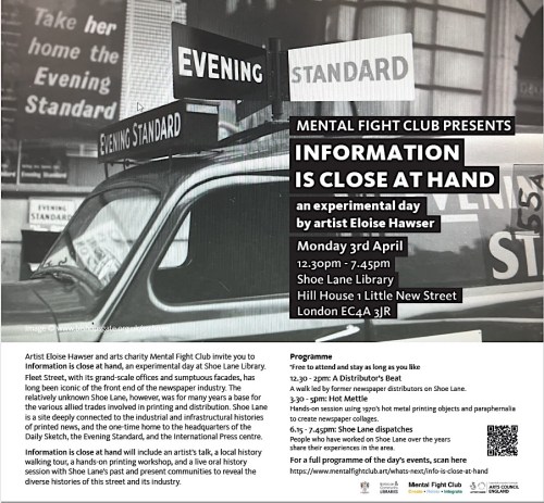 Information is Close at Hand, event, Evening Standard, Shoe Lane, hot metal, Eloise Hawser, Mental Fight Club, history newspapers, press, library,
